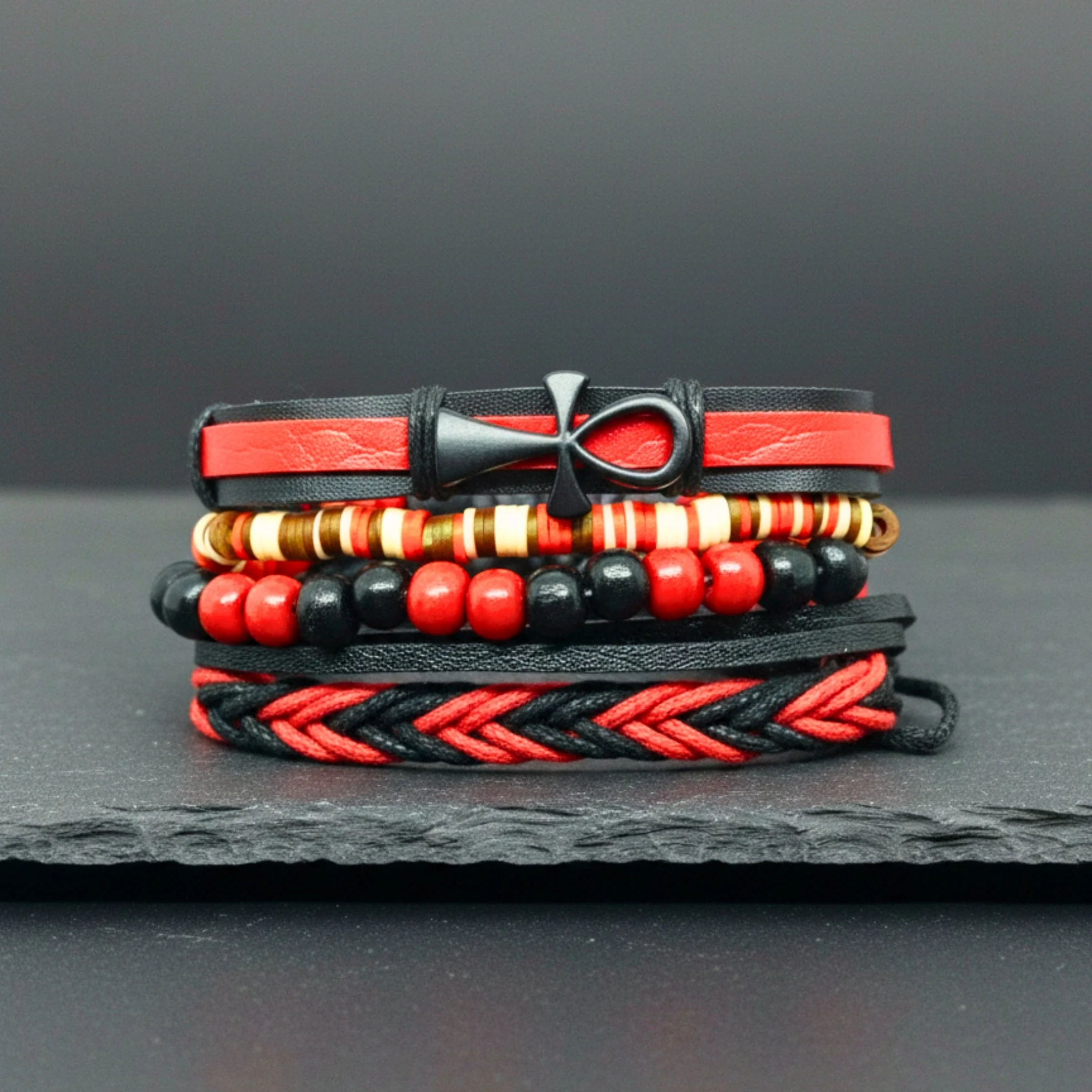 CRIMSON ANKH CROSS - 4 Pcs Genuine Leather Adjustable Bracelet Set for Men & Boys (8 inch) - Image 3