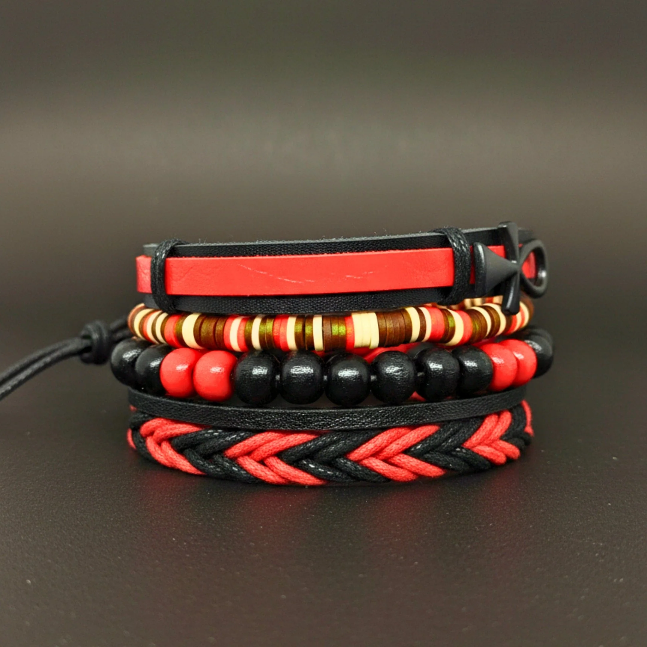 CRIMSON ANKH CROSS - 4 Pcs Genuine Leather Adjustable Bracelet Set for Men & Boys (8 inch) - Image 4