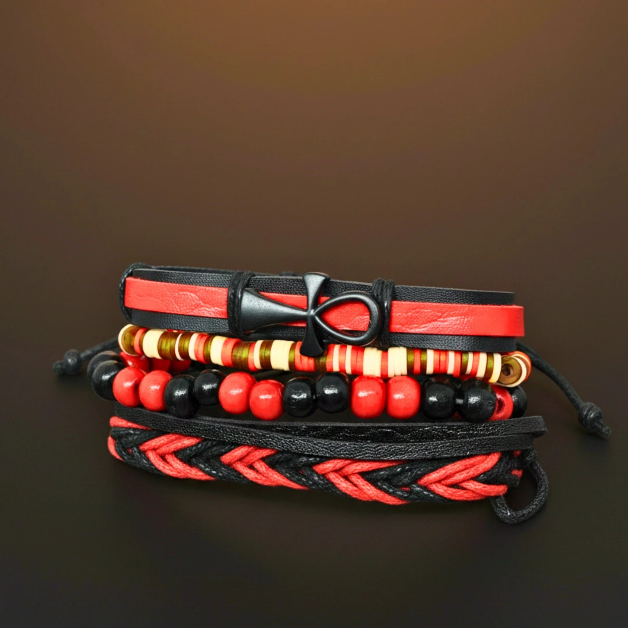 CRIMSON ANKH CROSS - 4 Pcs Genuine Leather Adjustable Bracelet Set for Men & Boys (8 inch) - Image 5