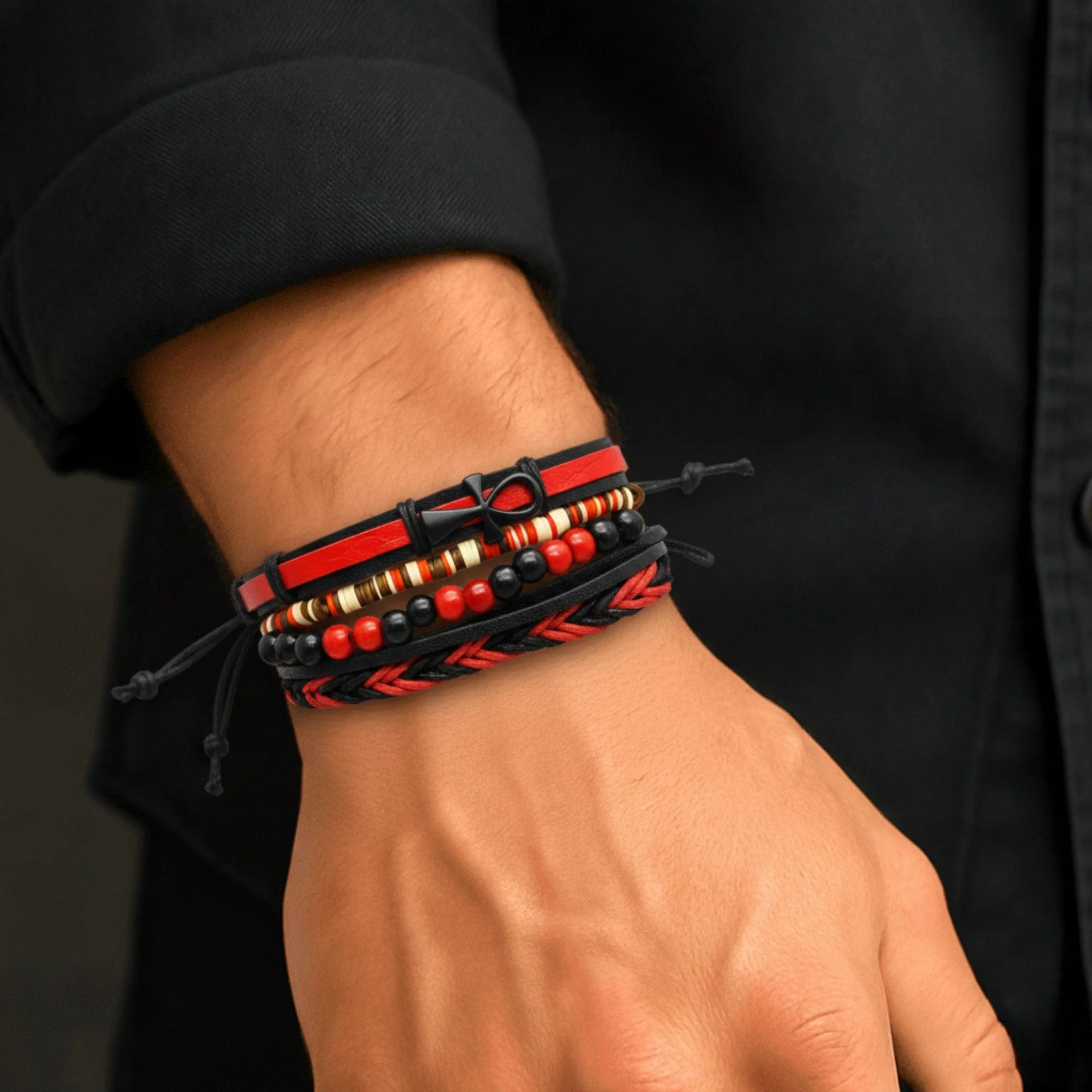 CRIMSON ANKH CROSS - 4 Pcs Genuine Leather Adjustable Bracelet Set for Men & Boys (8 inch) - Image 6