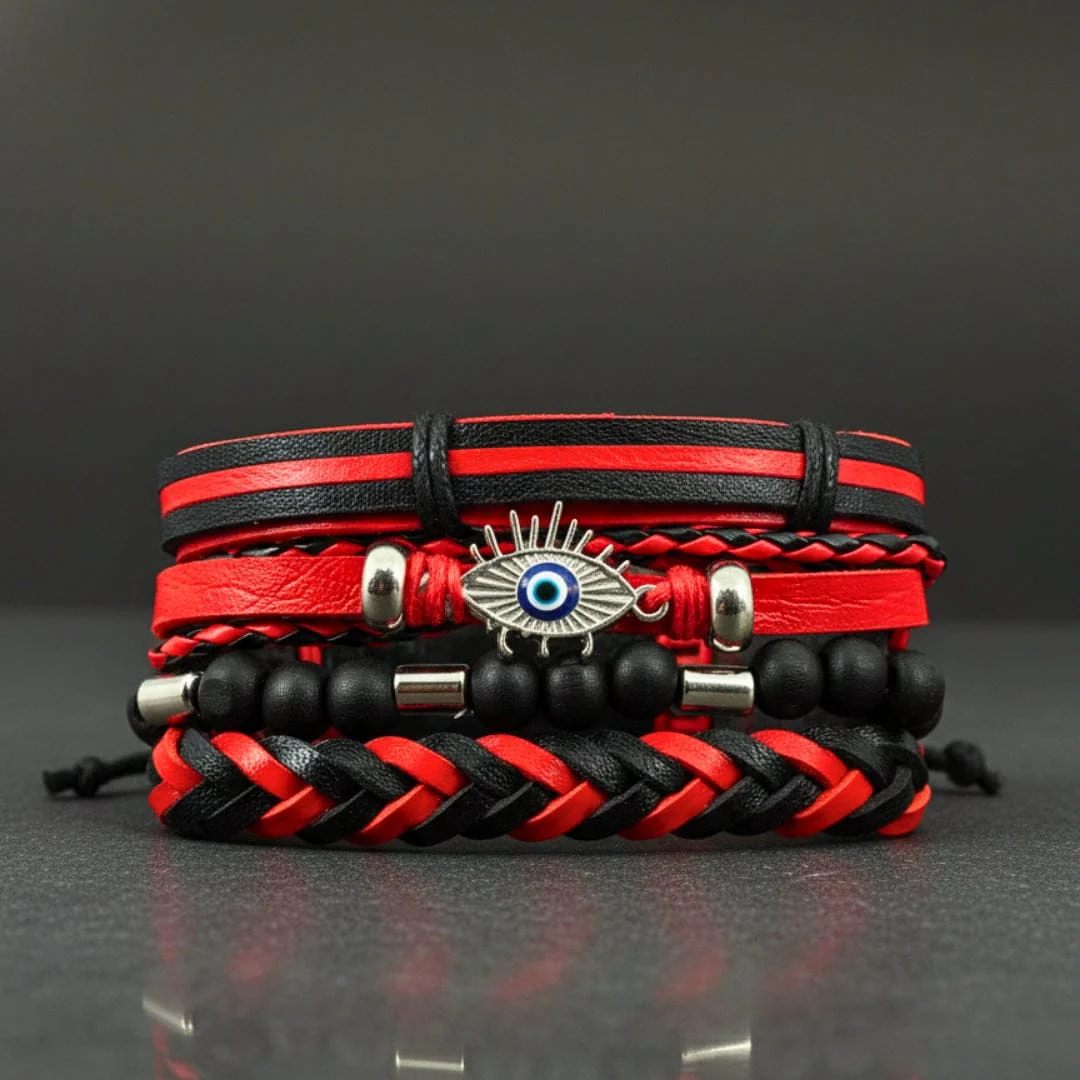 CRIMSON EVIL EYE - 4 Pcs Genuine Leather Adjustable Bracelet Set for Men & Boys (8 inch) - Image 3