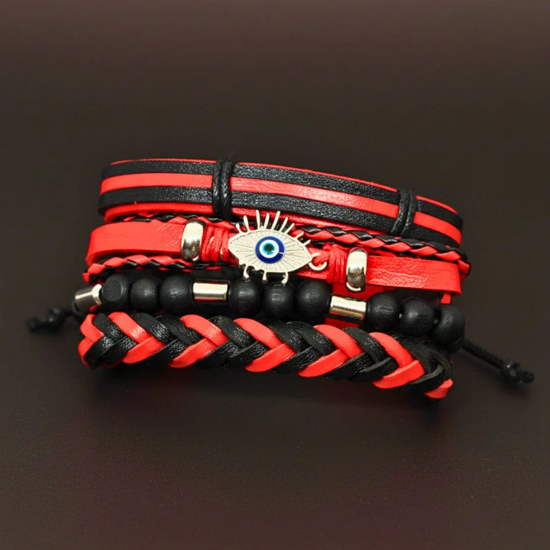 CRIMSON EVIL EYE - 4 Pcs Genuine Leather Adjustable Bracelet Set for Men & Boys (8 inch) - Image 4