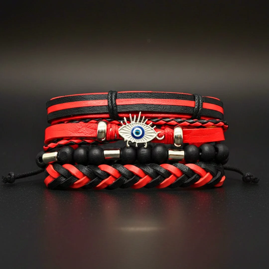 CRIMSON EVIL EYE - 4 Pcs Genuine Leather Adjustable Bracelet Set for Men & Boys (8 inch) - Image 5