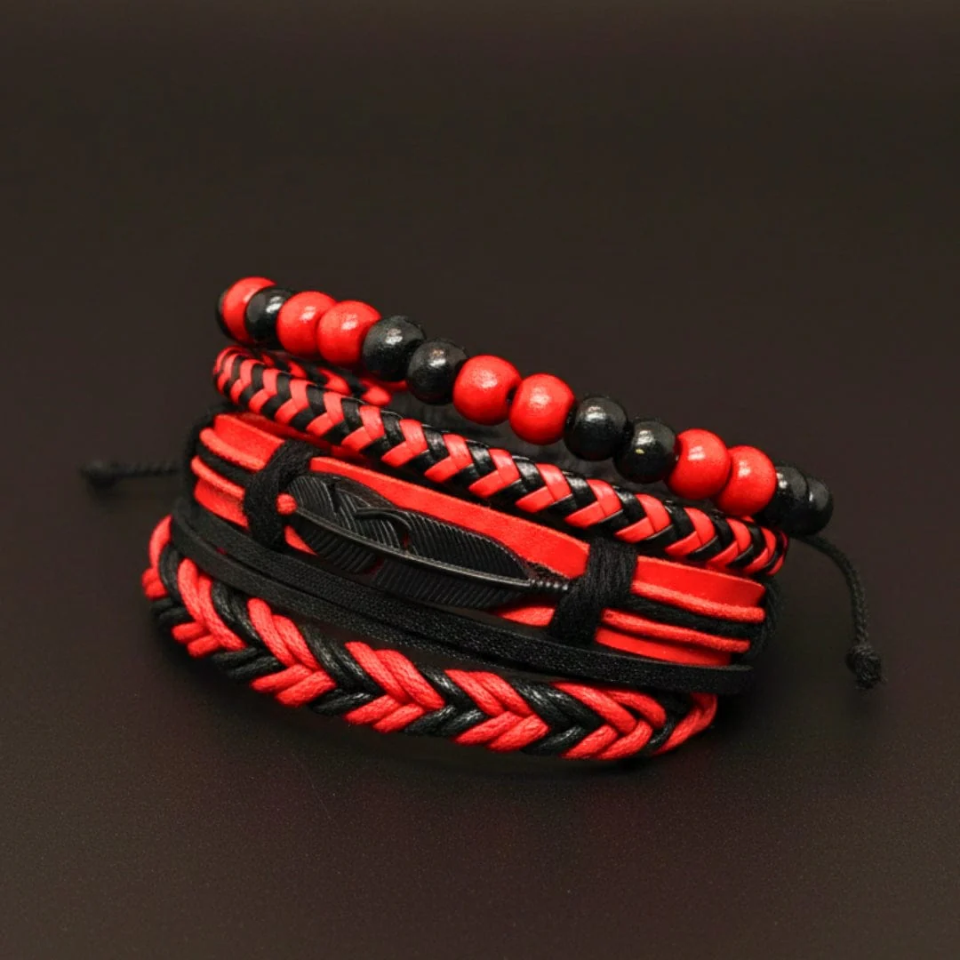CRIMSON FEATHER - 4 Pcs Genuine Leather Adjustable Bracelet Set for Men & Boys (8 inch) - Image 5