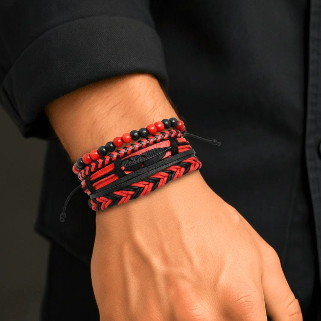 CRIMSON FEATHER - 4 Pcs Genuine Leather Adjustable Bracelet Set for Men & Boys (8 inch) - Image 6