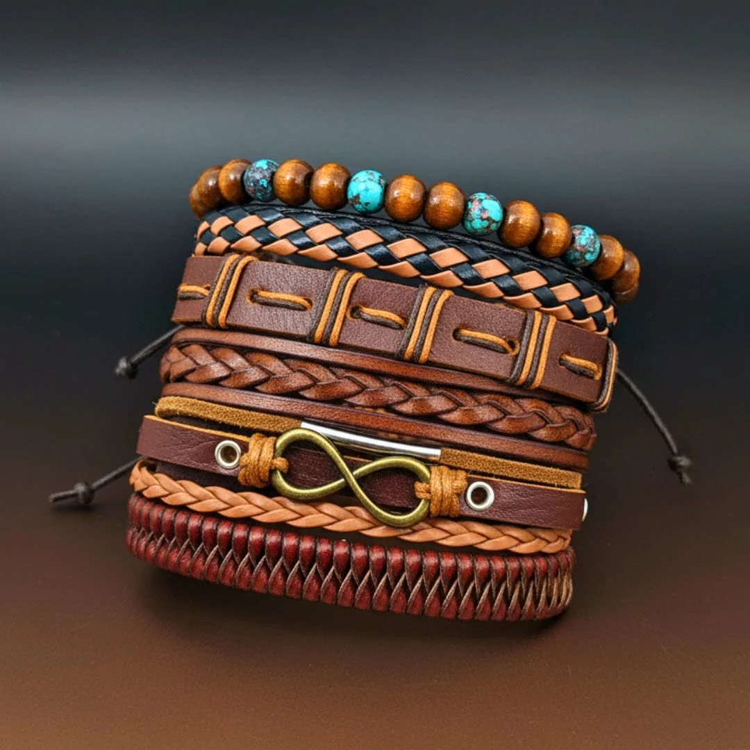 INFINITY EARTH - 6 Pcs Genuine Leather Adjustable Bracelet Set for Men & Boys (8 inch) - Image 3