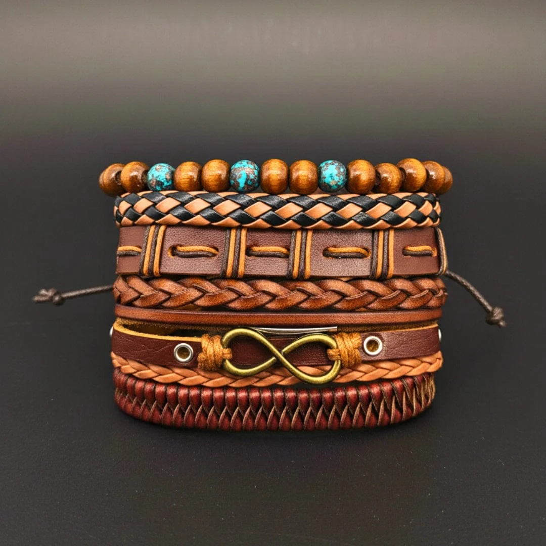 INFINITY EARTH - 6 Pcs Genuine Leather Adjustable Bracelet Set for Men & Boys (8 inch) - Image 4