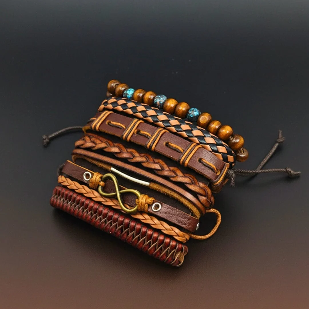 INFINITY EARTH - 6 Pcs Genuine Leather Adjustable Bracelet Set for Men & Boys (8 inch) - Image 5