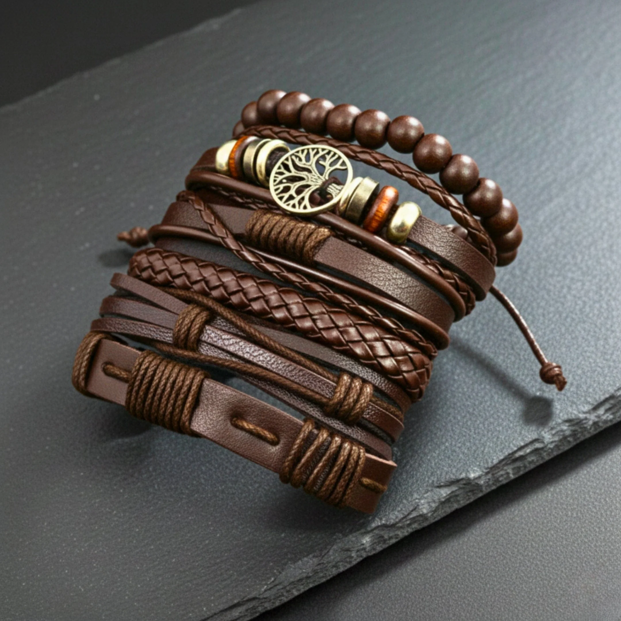 6 Pcs Genuine Leather Adjustable Bracelet Set for Men & Boys (8 inch) - Image 4