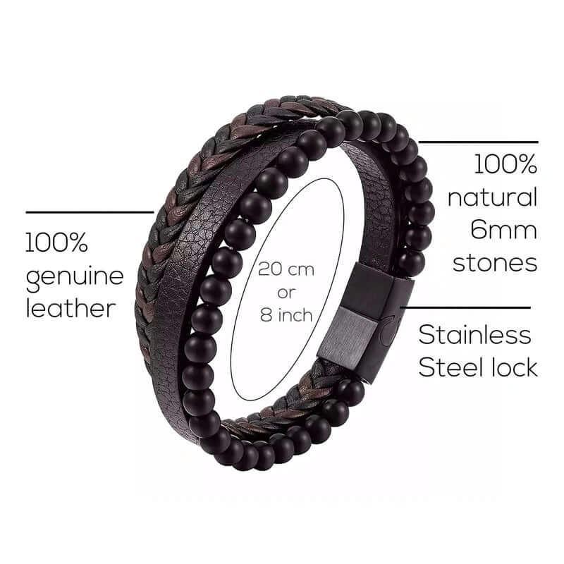 HEALING HEART BLACK & BROWN - American Style Genuine Leather Bracelet with Healing Natural Stones and Stainless Steel Magnetic Buckle for Men & Boy (8 inch) - Image 3
