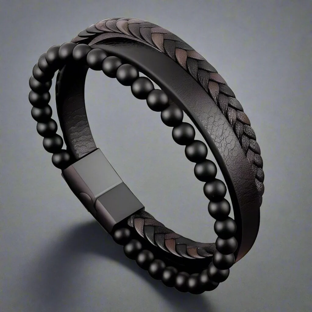 HEALING HEART BLACK & BROWN - American Style Genuine Leather Bracelet with Healing Natural Stones and Stainless Steel Magnetic Buckle for Men & Boy (8 inch) - Image 5