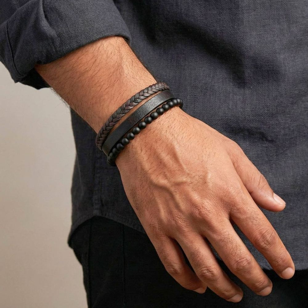 HEALING HEART BLACK & BROWN - American Style Genuine Leather Bracelet with Healing Natural Stones and Stainless Steel Magnetic Buckle for Men & Boy (8 inch) - Image 7