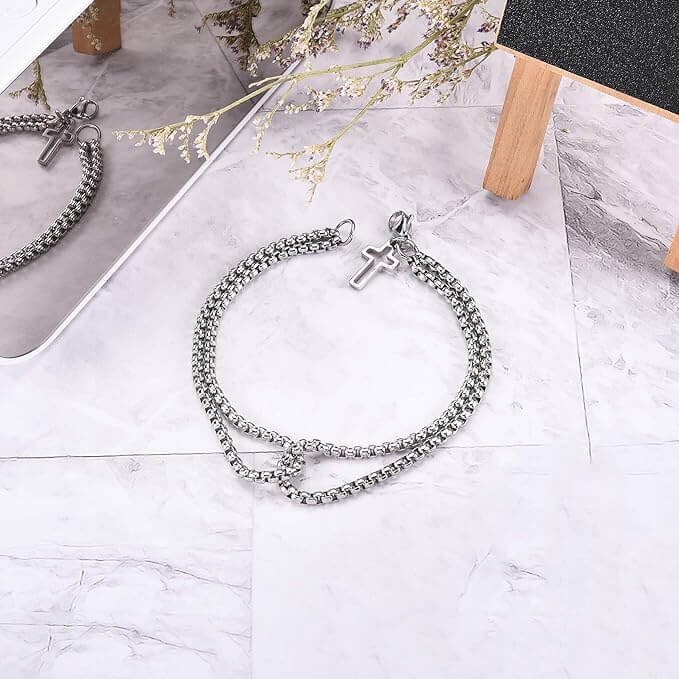 VECTRO NEXUS -  Pure Stainless Steel Double Chain Cross Hollow Bracelet 8 inch with Lobster Claw Buckle for Men & Boy. - Image 12