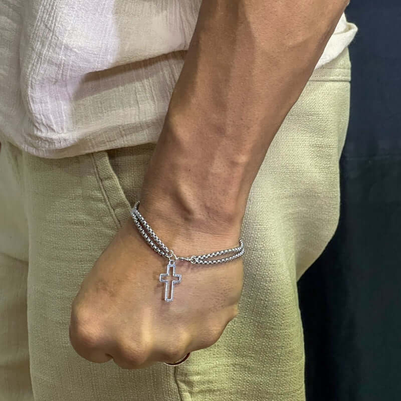 VECTRO NEXUS -  Pure Stainless Steel Double Chain Cross Hollow Bracelet 8 inch with Lobster Claw Buckle for Men & Boy. - Image 4