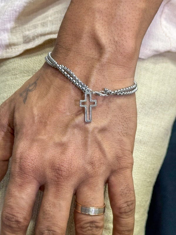 VECTRO NEXUS -  Pure Stainless Steel Double Chain Cross Hollow Bracelet 8 inch with Lobster Claw Buckle for Men & Boy. - Image 5