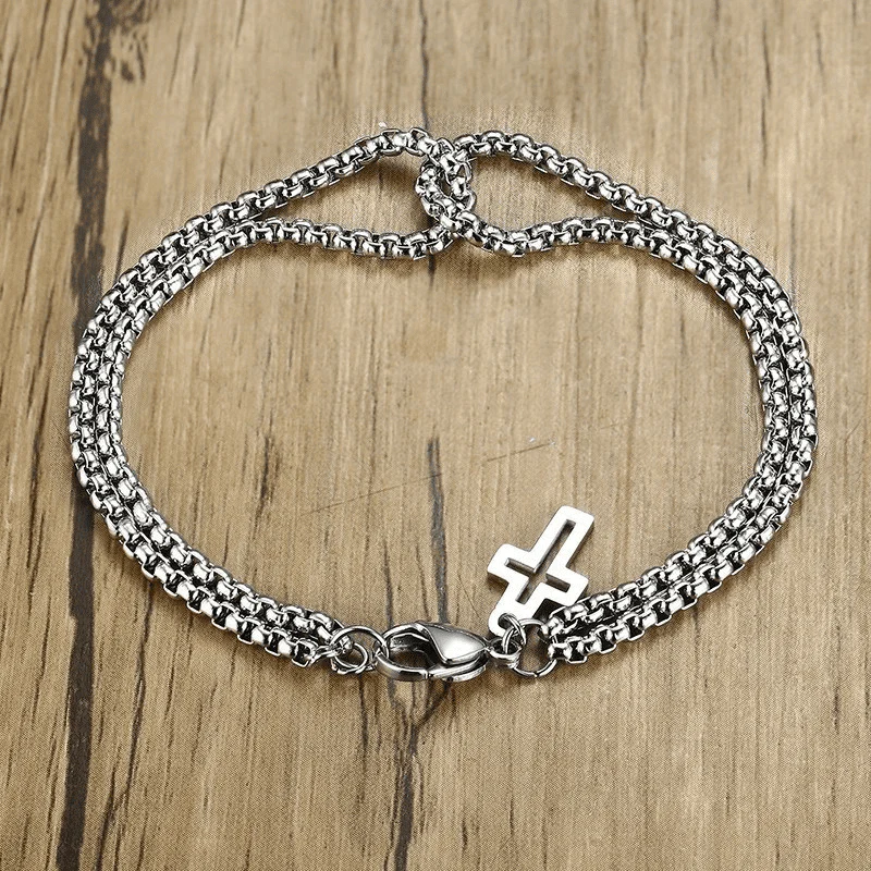 VECTRO NEXUS -  Pure Stainless Steel Double Chain Cross Hollow Bracelet 8 inch with Lobster Claw Buckle for Men & Boy. - Image 9