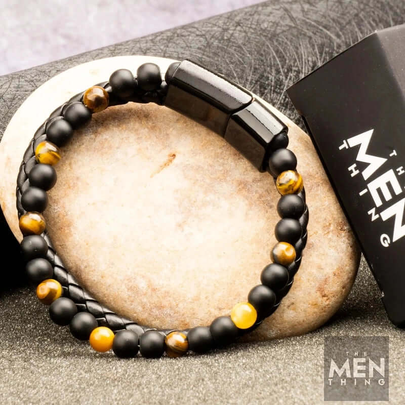 NATURAL TIGER EYE HEALER -   Natural Healing Beads  - Tiger Eye Stone & Black Onyx Leather with Stainless Steel Magnetic Buckle for Men & Boys (7.5inch) - Image 3