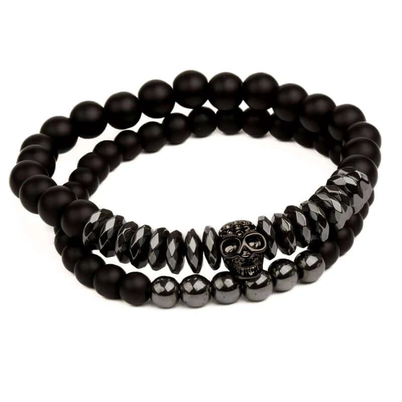 LAVA EMBRACE SKUL DUO- Black Silver tone - Beads Bracelet with Natural Volcanic Stone - 7inch Stretch Bracelet - Image 3