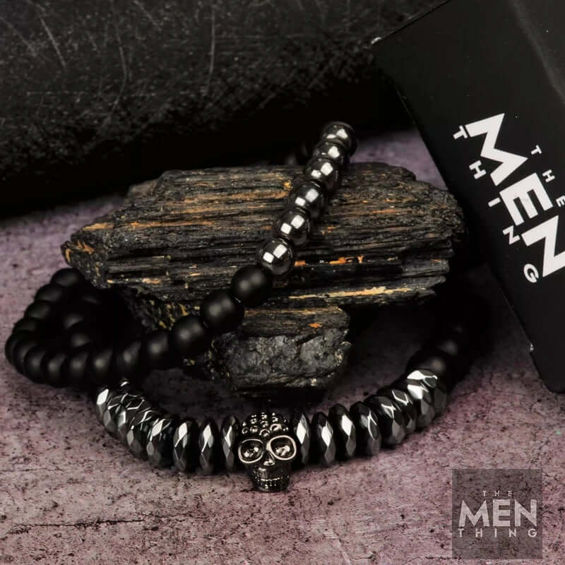 LAVA EMBRACE SKUL DUO- Black Silver tone - Beads Bracelet with Natural Volcanic Stone - 7inch Stretch Bracelet - Image 4