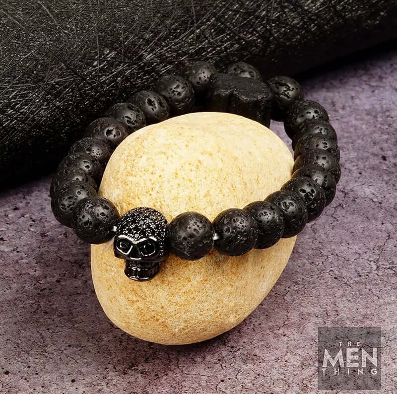 LAVA SKULL DARK NIGHT - Beads Bracelet with Natural Volcanic Stone - 7inch Stretch Bracelet - Image 3