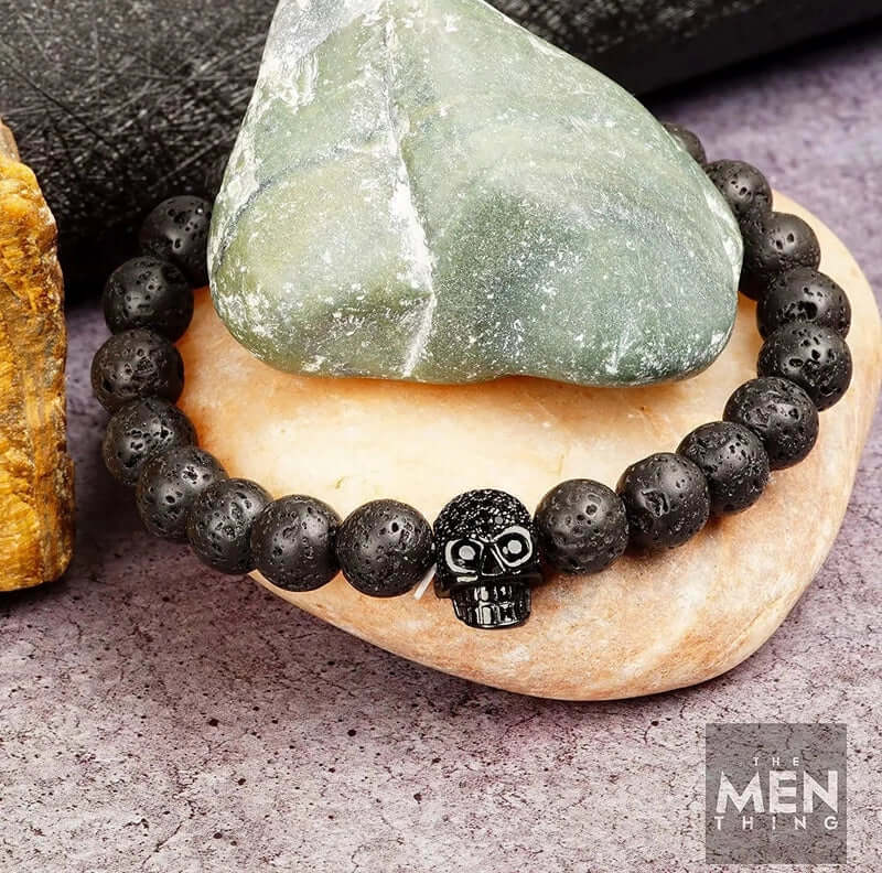 LAVA SKULL DARK NIGHT - Beads Bracelet with Natural Volcanic Stone - 7inch Stretch Bracelet - Image 4