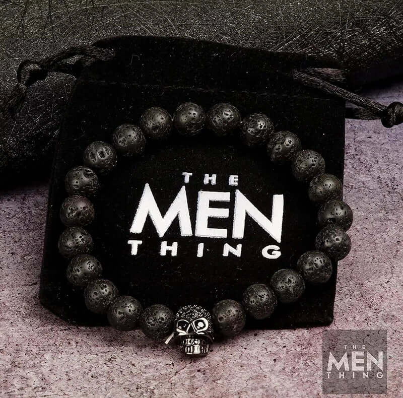 LAVA SKULL DARK NIGHT - Beads Bracelet with Natural Volcanic Stone - 7inch Stretch Bracelet - Image 5