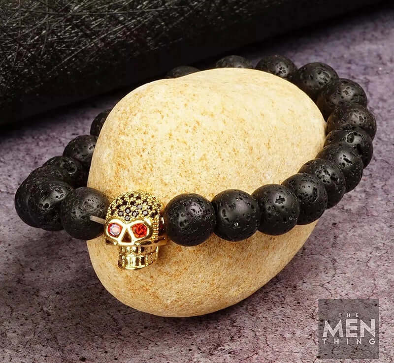 LAVA SKULL RED EYE - Beads Bracelet with Natural Volcanic Stone - 7inch Stretch Bracelet - Image 3
