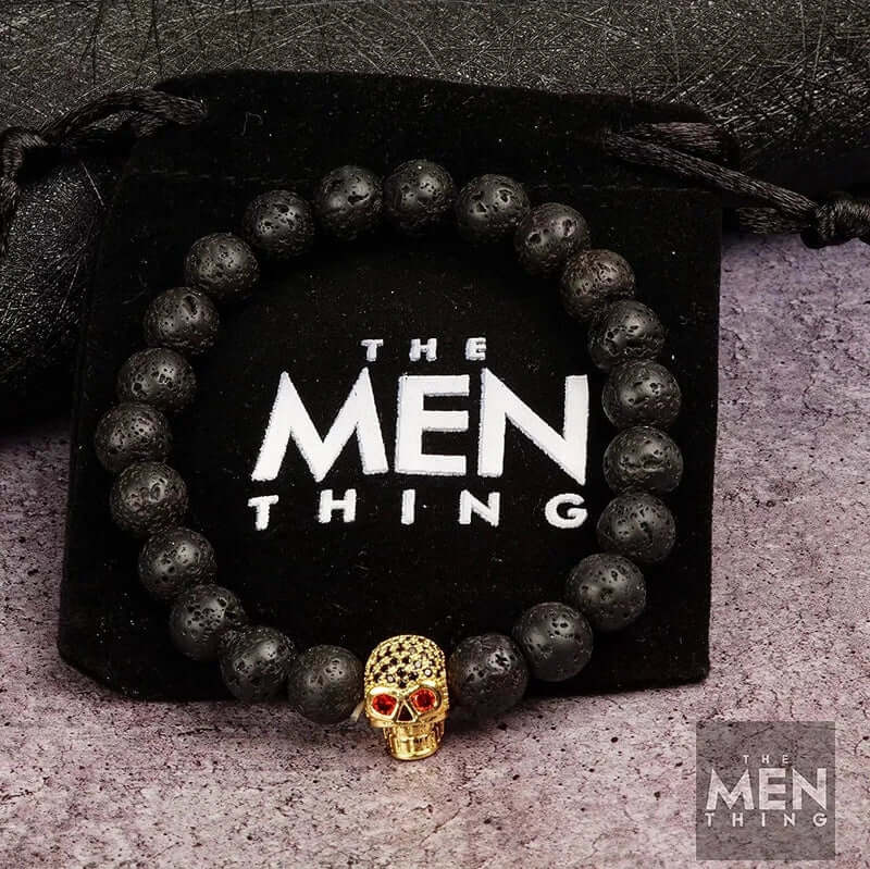 LAVA SKULL RED EYE - Beads Bracelet with Natural Volcanic Stone - 7inch Stretch Bracelet - Image 4