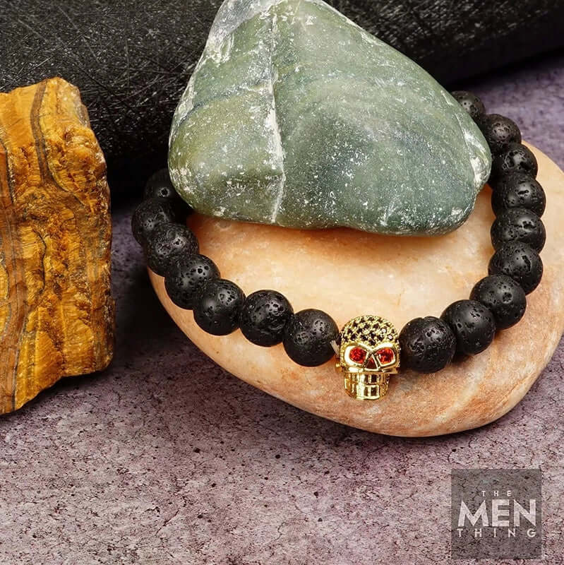 LAVA SKULL RED EYE - Beads Bracelet with Natural Volcanic Stone - 7inch Stretch Bracelet - Image 5