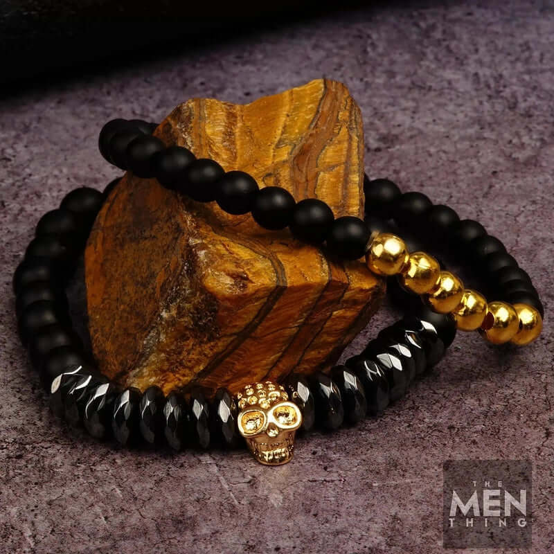 LAVA EMBRACE SKULL DUO - Gold Toned- Beads Bracelet with Natural Volcanic Stone - 7inch Stretch Bracelet - Image 3