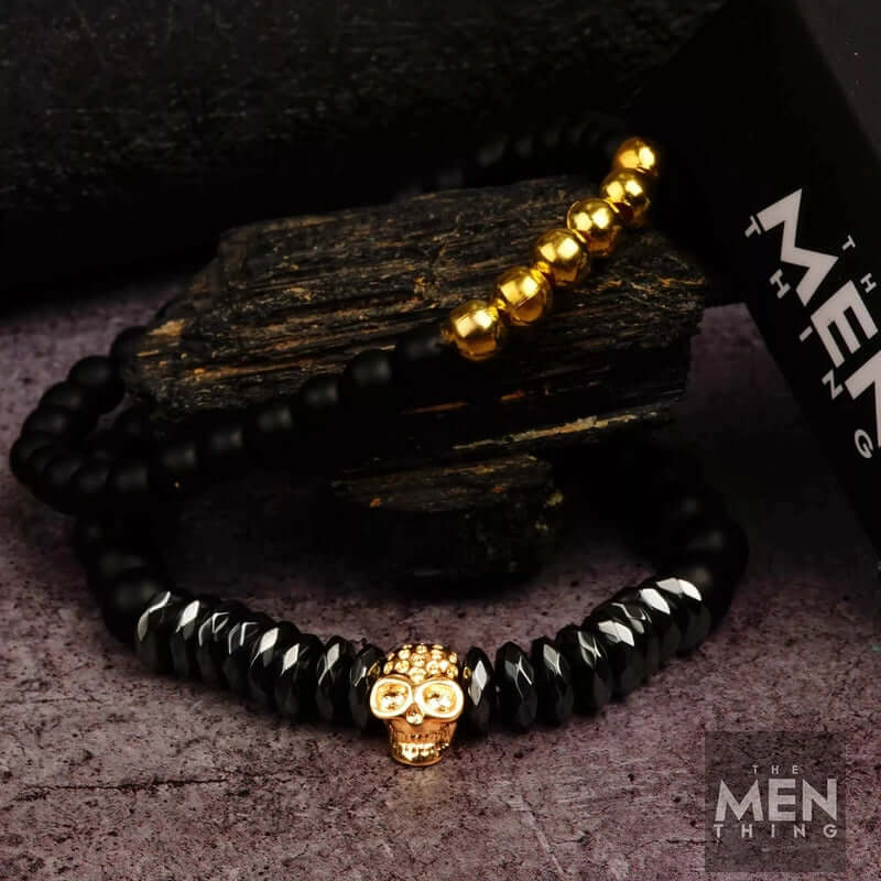 LAVA EMBRACE SKULL DUO - Gold Toned- Beads Bracelet with Natural Volcanic Stone - 7inch Stretch Bracelet - Image 4