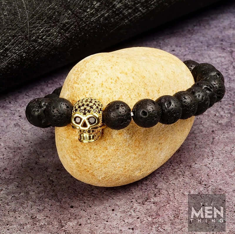 LAVA SKULL GOLD TONE - Beads Bracelet with Natural Volcanic Stone - 7inch Stretch Bracelet - Image 3