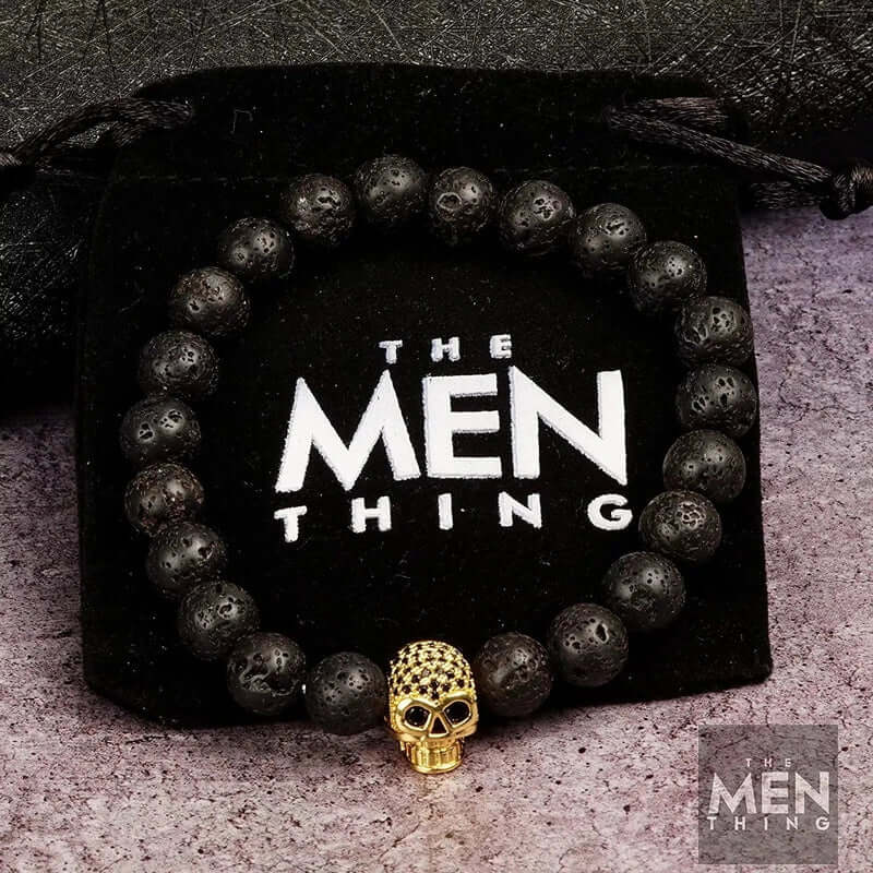 LAVA SKULL GOLD TONE - Beads Bracelet with Natural Volcanic Stone - 7inch Stretch Bracelet - Image 4