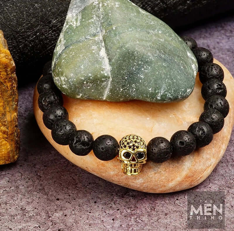 LAVA SKULL GOLD TONE - Beads Bracelet with Natural Volcanic Stone - 7inch Stretch Bracelet - Image 5