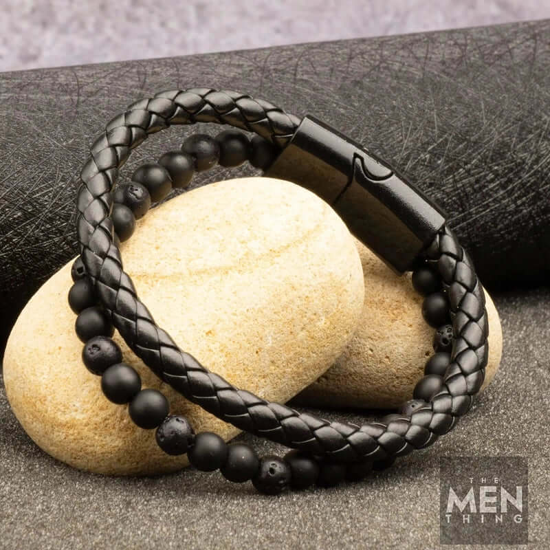 EBONY DUO -  European Style Genuine Leather Bracelet with Multi-Layer Braided, 100% Stainless Steel Magnetic Buckle for Men & Boys (7 inch) - Image 3