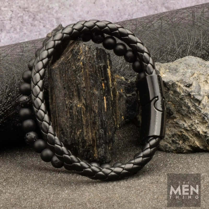 EBONY DUO -  European Style Genuine Leather Bracelet with Multi-Layer Braided, 100% Stainless Steel Magnetic Buckle for Men & Boys (7 inch) - Image 4