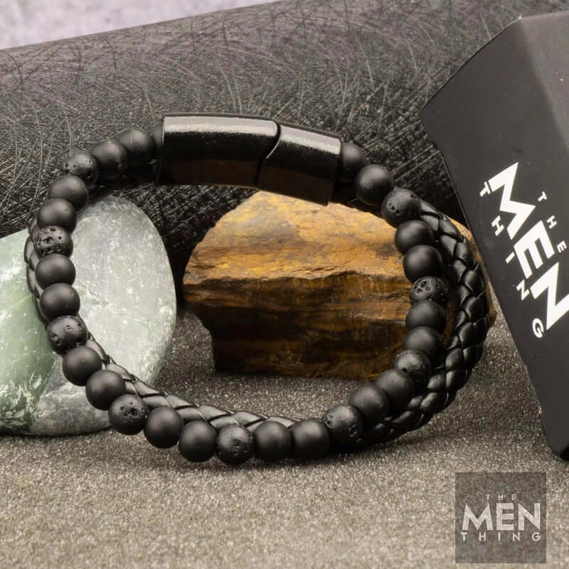 EBONY DUO -  European Style Genuine Leather Bracelet with Multi-Layer Braided, 100% Stainless Steel Magnetic Buckle for Men & Boys (7 inch) - Image 5