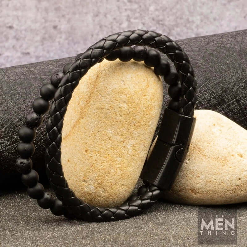 EBONY DUO -  European Style Genuine Leather Bracelet with Multi-Layer Braided, 100% Stainless Steel Magnetic Buckle for Men & Boys (7 inch) - Image 6