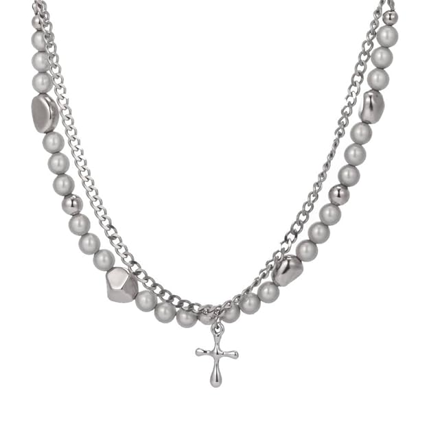 MIRE SERENITY - Two Layer Necklace with Titanium Steel Chain &  Fusion Cuban Pearls & Cross Pendant - Size 18inch - Image 3