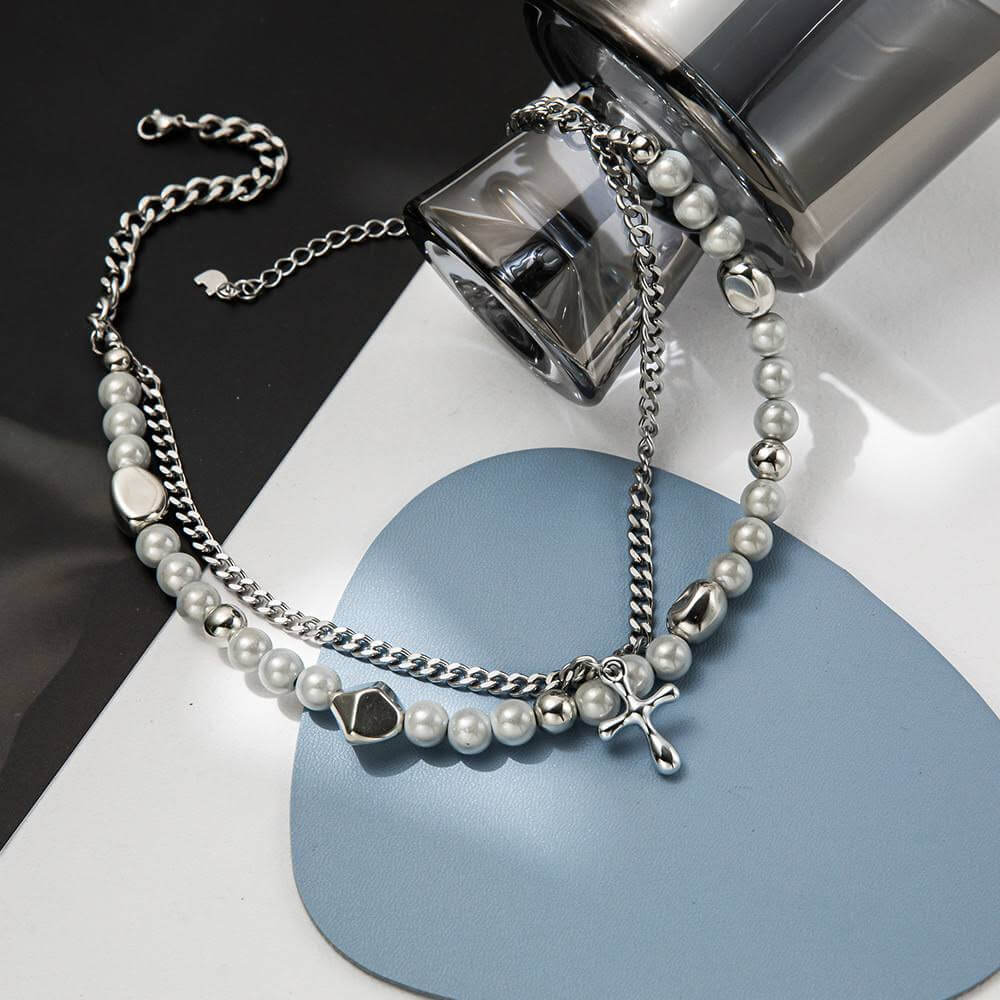 MIRE SERENITY - Two Layer Necklace with Titanium Steel Chain &  Fusion Cuban Pearls & Cross Pendant - Size 18inch - Image 4
