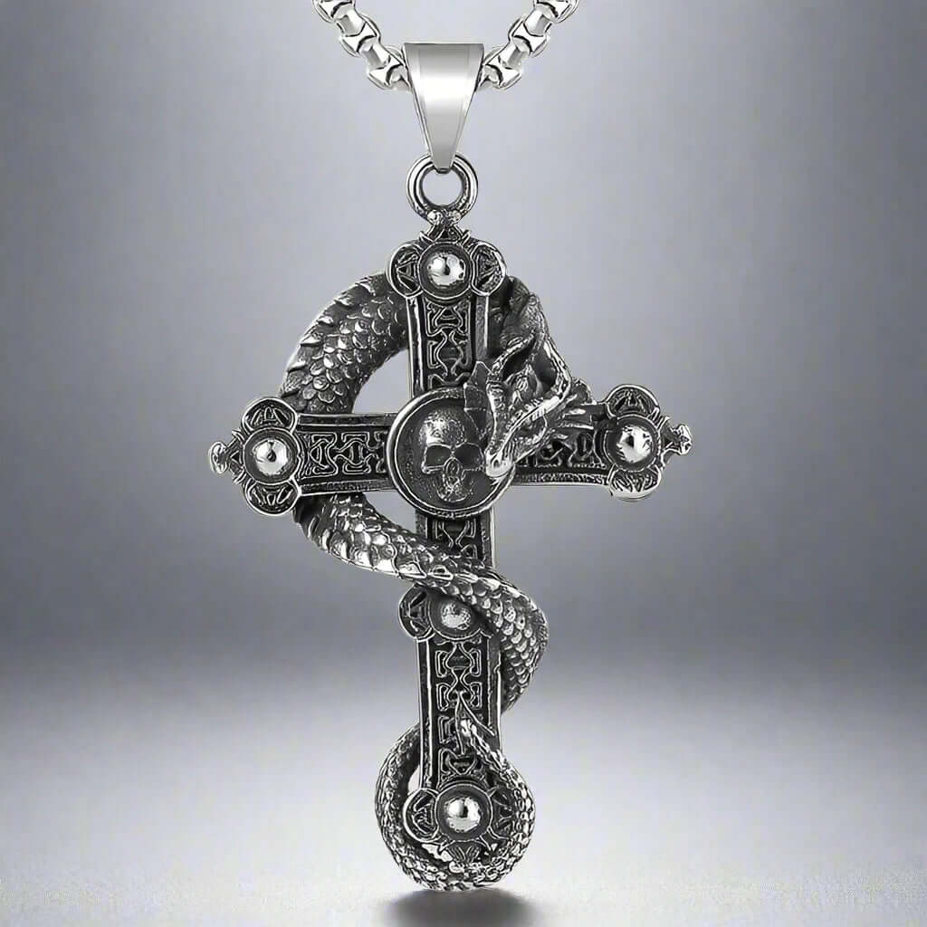 COBRA-CROSS - Alloy  Snake Pendant with Pure Stainless Steel 24inch Round Box Chain, European trending Style for Men & Boy - Image 3