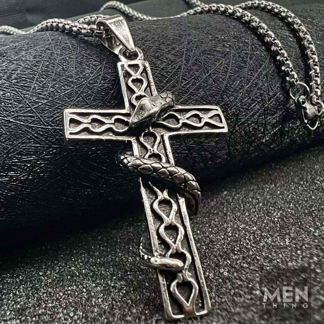 SERPENT CROSS - Alloy Snake Pendant with Pure Stainless Steel 24inch Round Box Chain, American trending Style for Men & Boy - Image 3