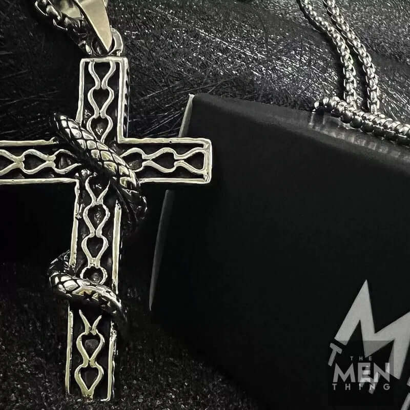 SERPENT CROSS - Alloy Snake Pendant with Pure Stainless Steel 24inch Round Box Chain, American trending Style for Men & Boy - Image 4