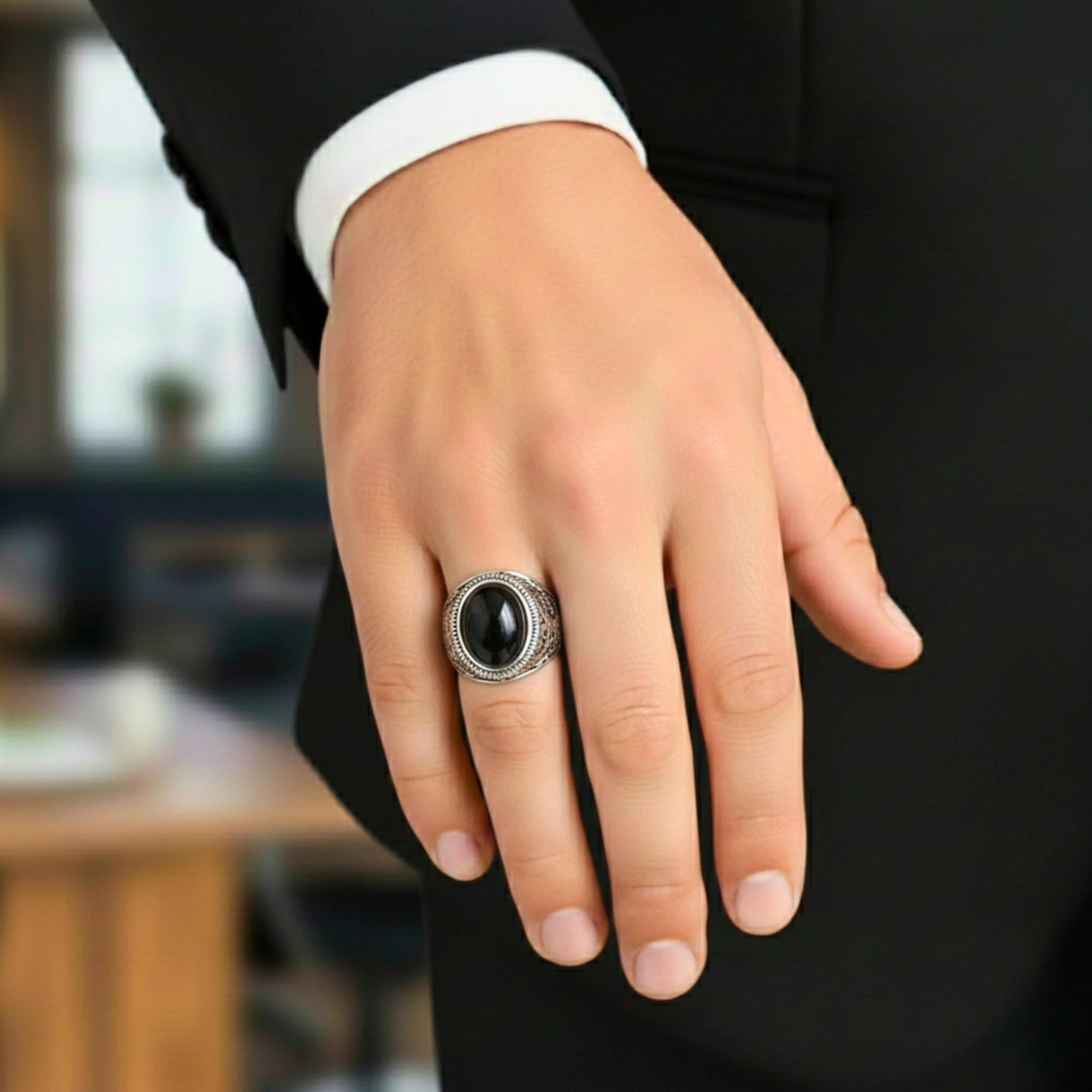 BLACK ENIGMA - Titanium Steel Vintage Ring with Black Stone ( Size -17-21- 24) - Image 6