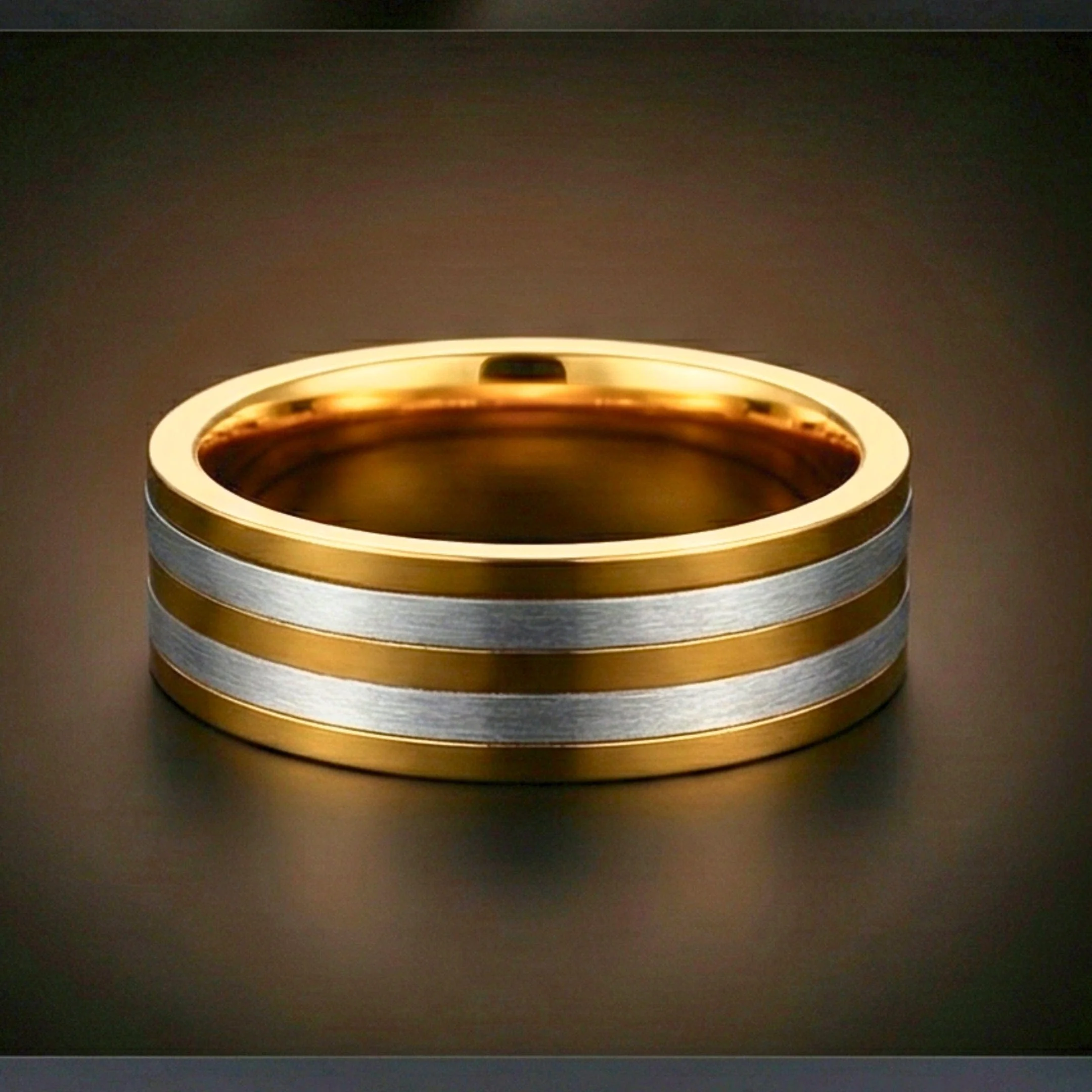 TRIPLE STRIPE  - Pure Stainless Steel Men’s Steel-Gold Plated Ring (Size : 17-22-27) - Image 3