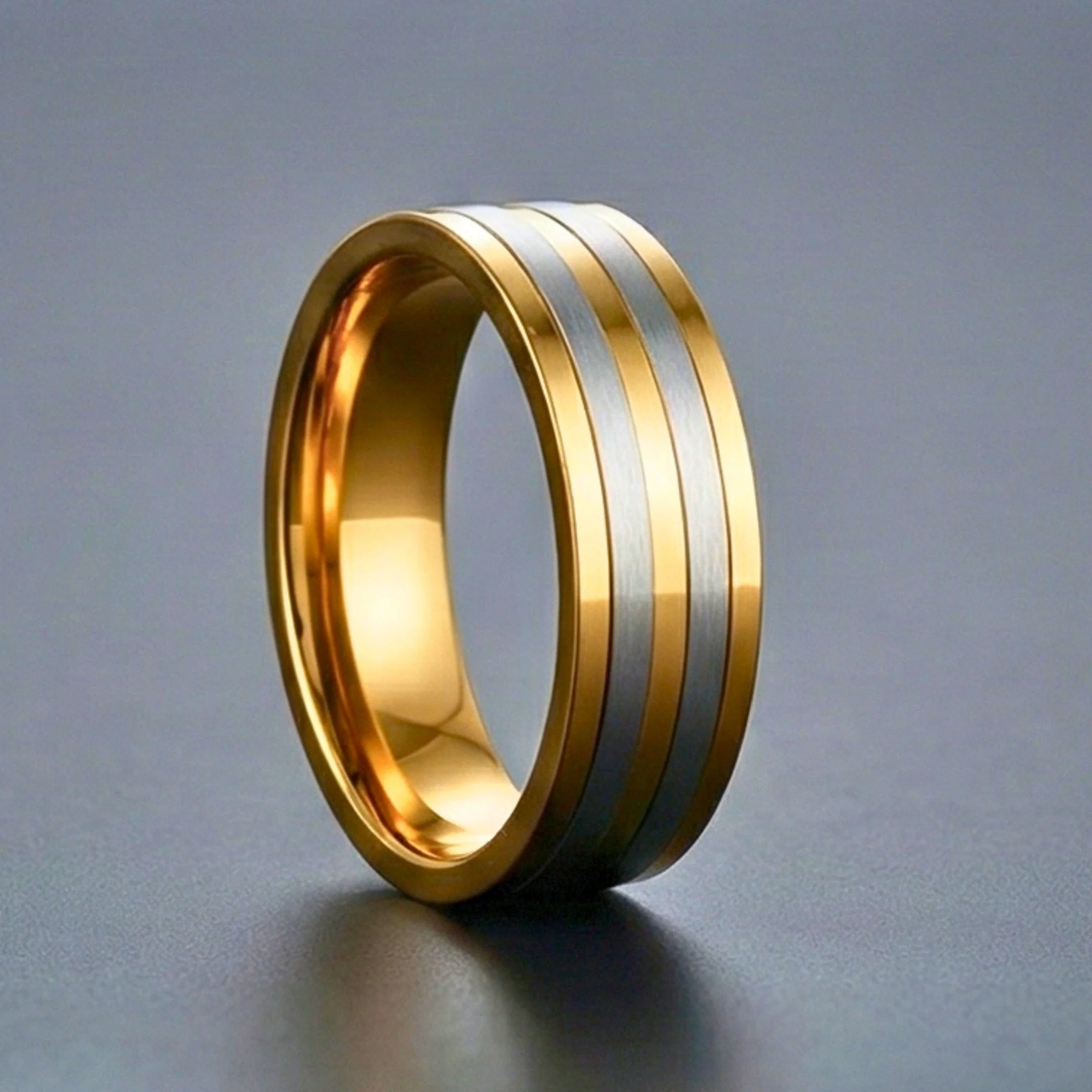 TRIPLE STRIPE  - Pure Stainless Steel Men’s Steel-Gold Plated Ring (Size : 17-22-27) - Image 5