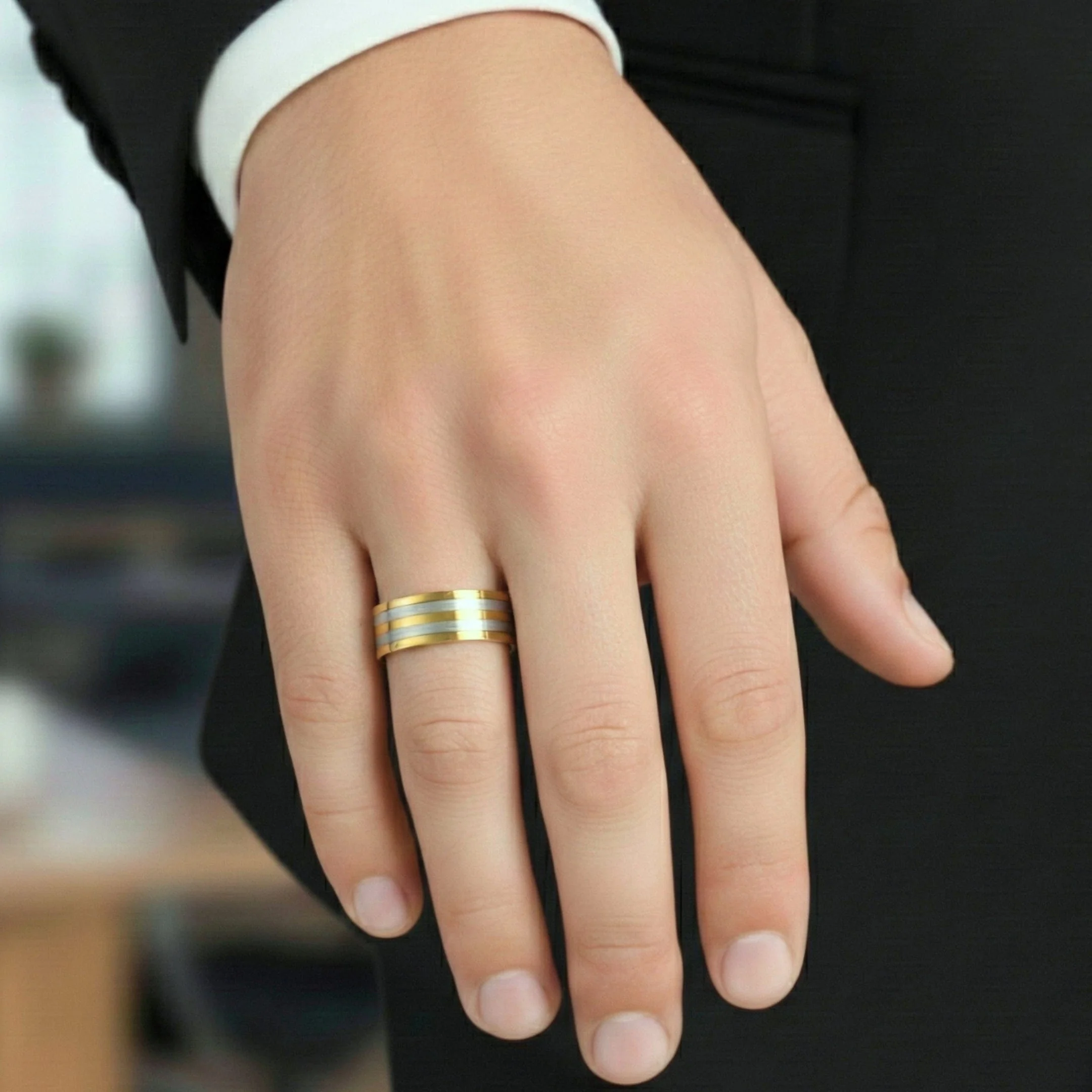 TRIPLE STRIPE  - Pure Stainless Steel Men’s Steel-Gold Plated Ring (Size : 17-22-27) - Image 6